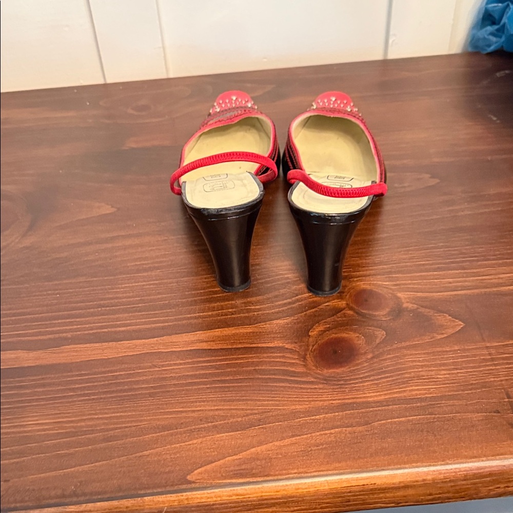 Y2K Red Black Studded Slingback Heels Square Toe Punk Vintage 37 - Picture 4 of 15